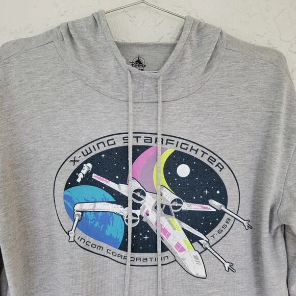 Disney X Wing Starfighter Star Wars Hooded Tee Mens Unisex Sz S Gray Long Sleeve - Picture 2 of 9